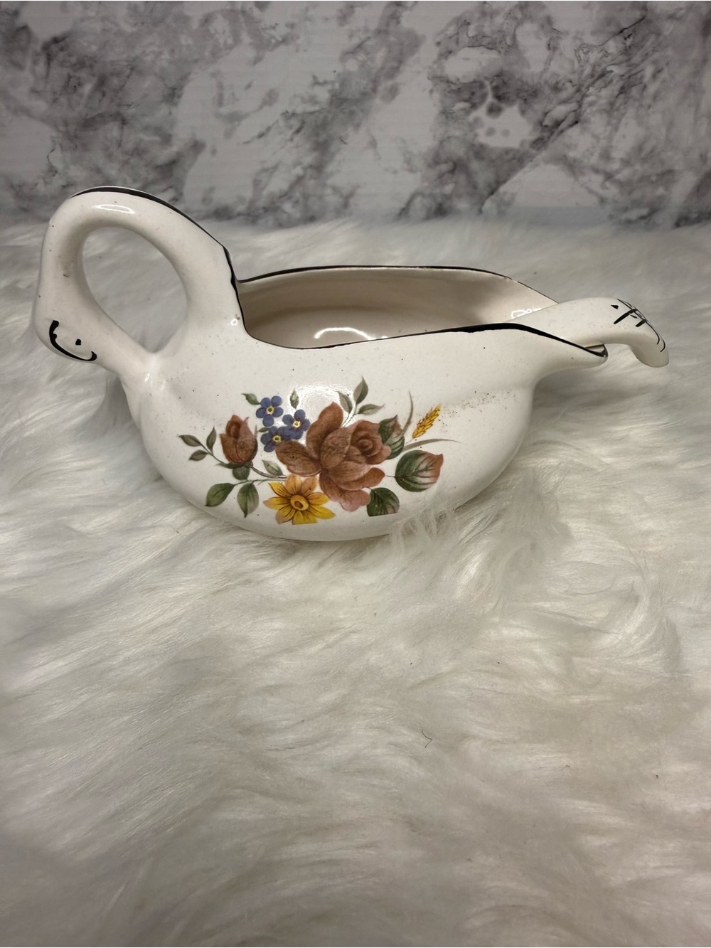 Vintage Ceramic Swan Shaped Gravy Boat With Spoon.